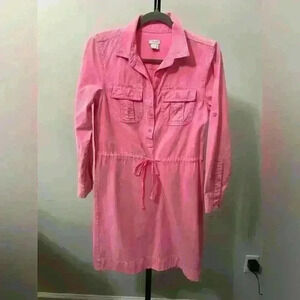 J. Crew Drawstring Shirt Dress Long Sleeves Roll Tab Patch Pockets Hot Pink Sz 0